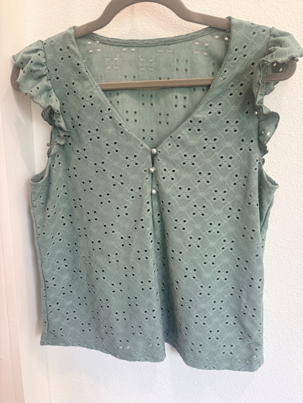 Eyelet Ruffle Sleeve V-Neck Top in Sage Green
